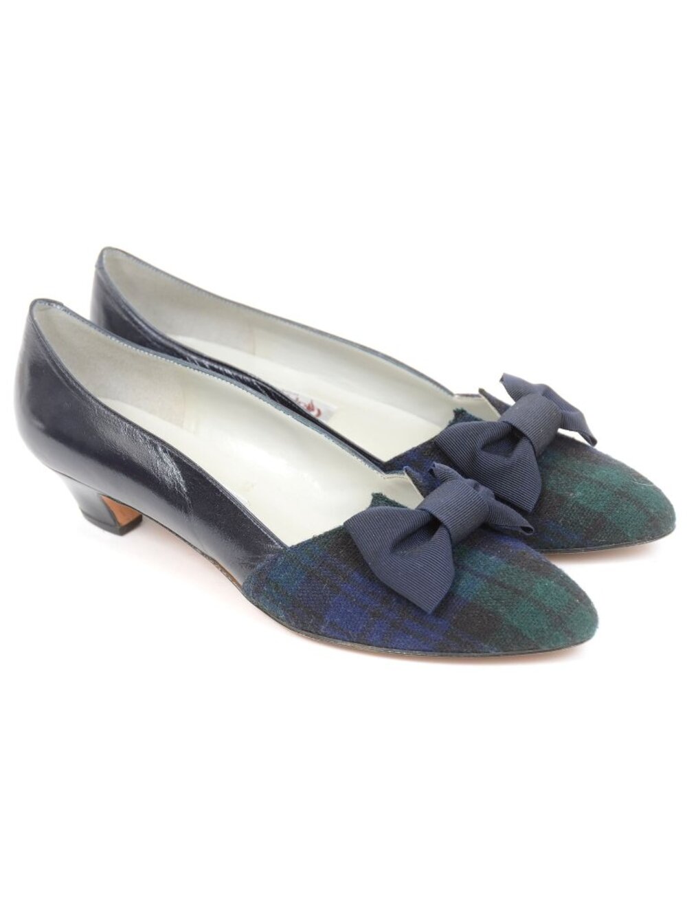 VTG 90s Pappagallo Women's 9.5 Blue Plaid Bows Kitten Heels Pumps Holiday Spain